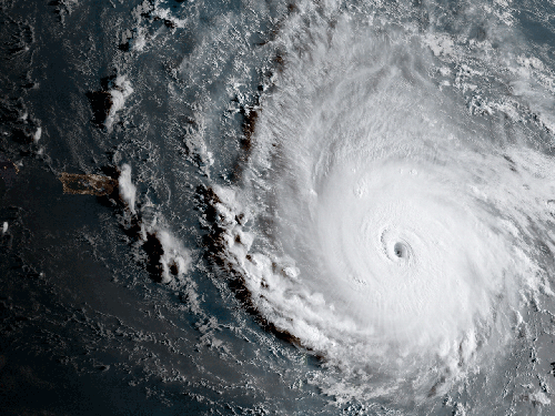 A satellite image of a hurricane. 