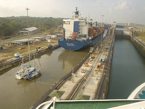 Large ship in a canal.