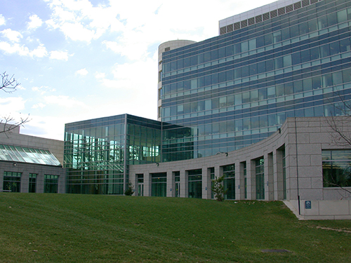 Office building with grass in foreground. 