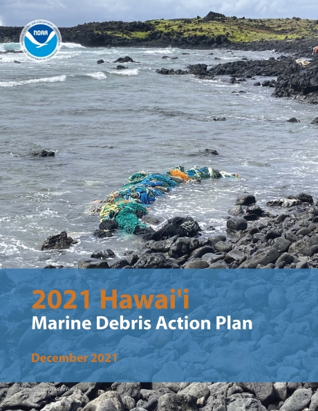A photo of a beach with trash on a beach with "Hawai‘i Marine Debris Action Plan" on it.