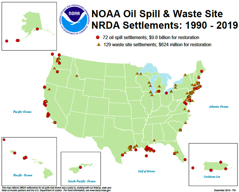 A map of the U.S. showing "NOAA Oil Spill & Waste Site NRDA Settlements 1990-2019."
