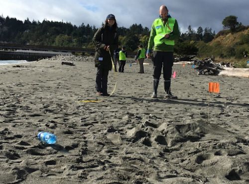 Two people posing on a beach with debris.