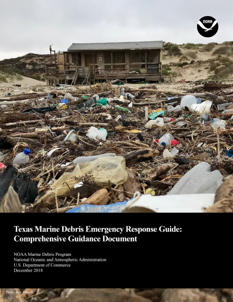 Book cover showing marine debris in front of a shack on a beach.