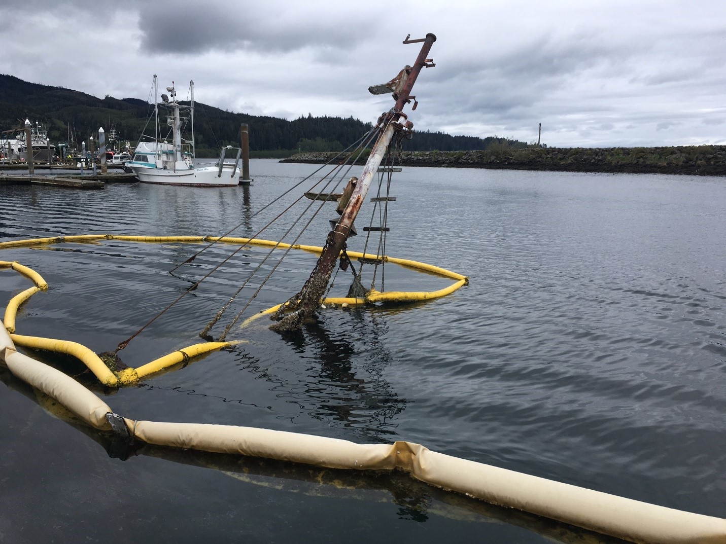 Mast of a vessel extending out of water with boom surrounding.