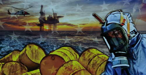 Illustration showing a response worker in a hazmat suit next to unidentified barrels. In the background, an oil platform above the water and a helicopter in the sky.