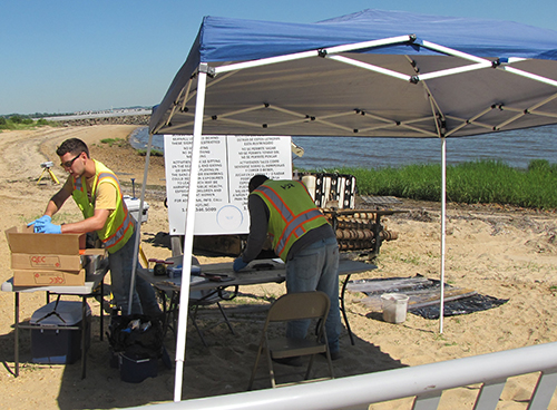 Two people working under a tent on a beach.