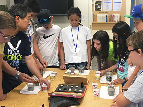 Man demonstrating an experiment to students gathered around a table.