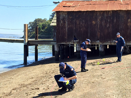 Three people writing while on a beach.