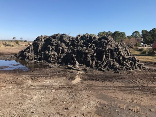 Pile of formerly submerged sandbags on a beach.