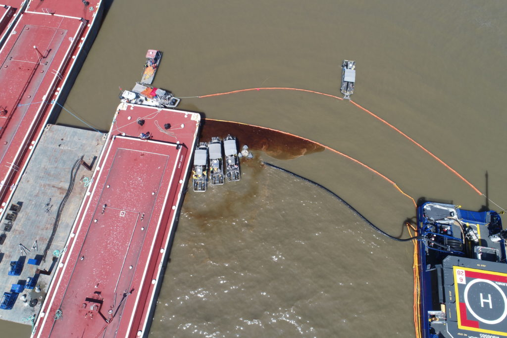 An aerial view of an oil spill. 