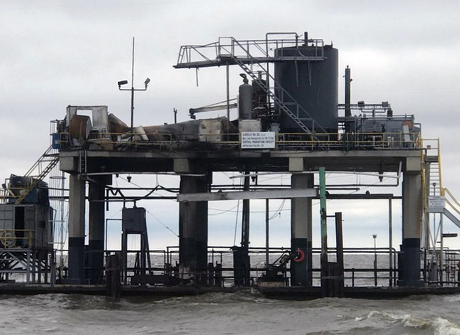 A damaged oil platform. 