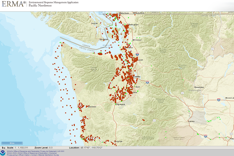 A map of Washington with lots of red dots along Puget Sound and the coast. 