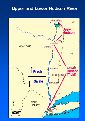 Map of upper and lower Hudson River showing fresh water and saline portions.