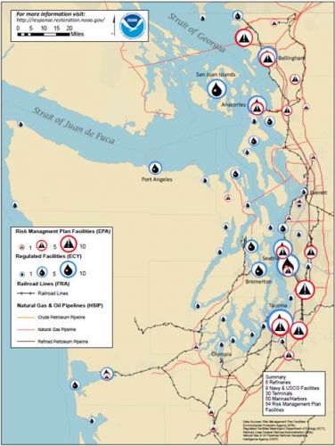 Map of Puget Sound marking potentially affected facilities.