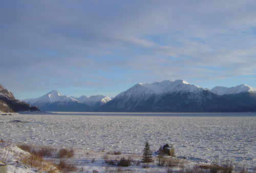 Landscape of sea ice with mountains in background.