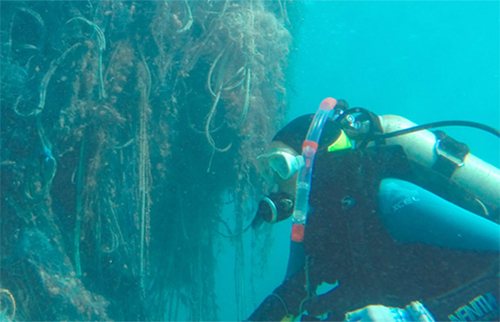 Diver underwater with huge tangle of nets.