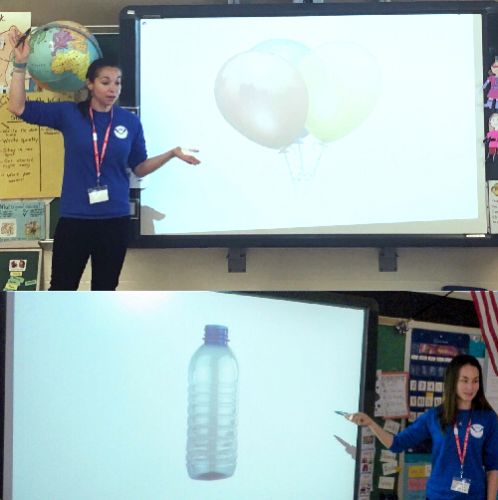 Two photos, both which show a woman showing pictures to a class.