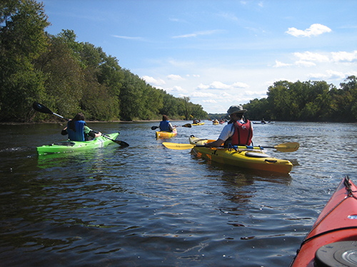 Kayaks on a river.