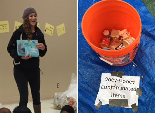 Two photos - woman standing and photo of bucket of contaminated items.