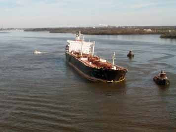 Ship listing in the river. (NOAA)