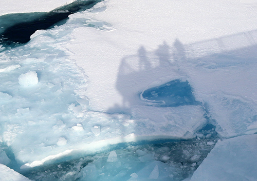 Shadow of crew members reflected on Arctic Ice. 