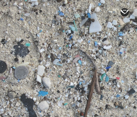 Bits of plastic and debris on sand.