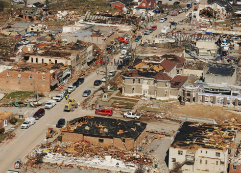 Aerial view of tornado damage to downtown West Liberty, Kentucky.