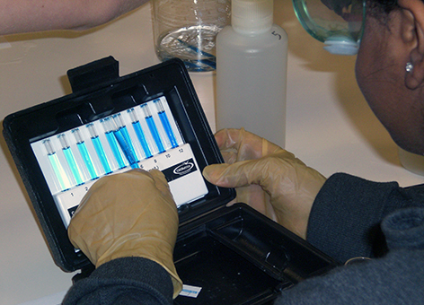 Girl matches her water sample to a range of colored test tubes.