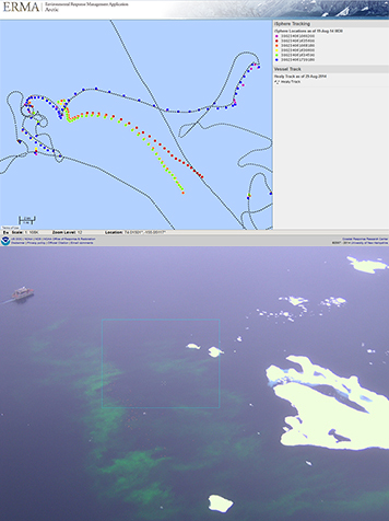 Top: Map of Arctic ocean with data tracks. Bottom: View of green dye in water.