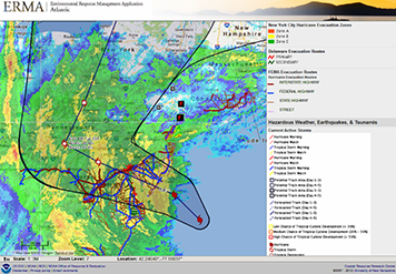 Screen shot of Atlantic ERMA environmental mapping tool with Hurricane Sandy.