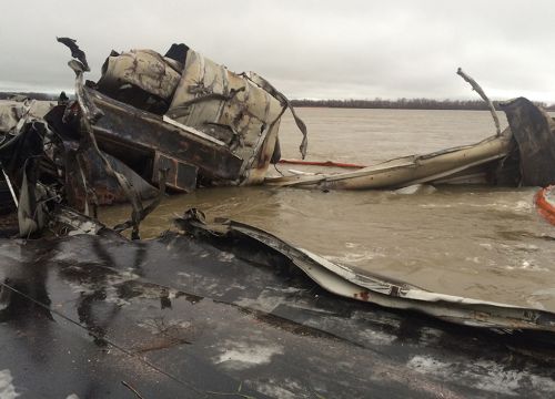 Damaged barge on the Mississippi River. 