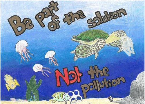 Drawing of marine life and text 'Be part of the solution, not the pollution.'