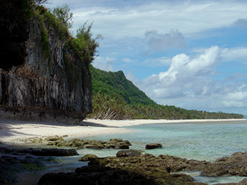 Eroding coral rock, wave undercut cliffs, beach, and jungle in Guam.