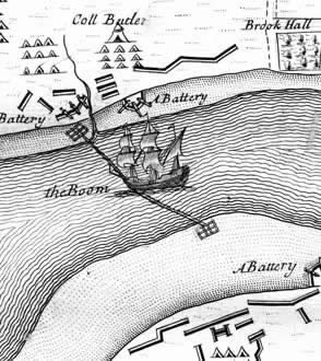 A map drawing showing the use of boom to block ships during a siege.