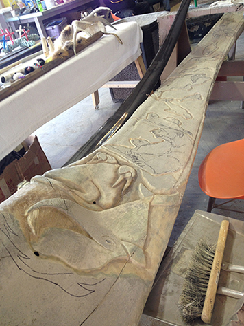 Carvings in a bowhead whale jawbone at the Iñupiat Heritage Center in Barrow.