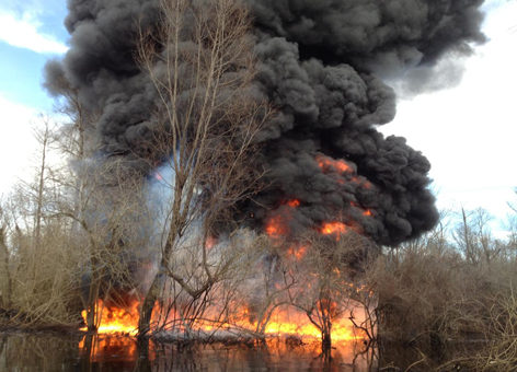 Smoke and fire from a controlled burn in a wooded Lousiania swamp.