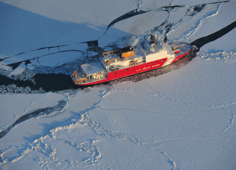 The Coast Guard Cutter Healy breaks ice in the Bering Sea.