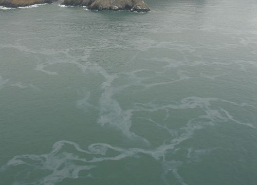 Swirls of oil on the surface of San Francisco Bay west of the Golden Gate Bridge