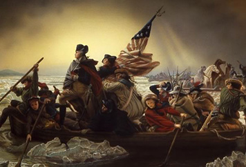 A painting of George Washington and his troops crossing the Delaware River.