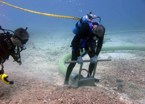 Divers remove coral rubble from seafloor with a vacuum hose.
