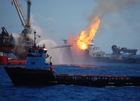 Fighting the flames on the Deepwater Horizon drill platform in 2010. 