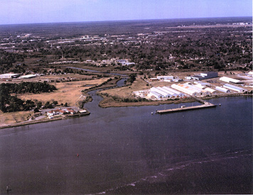 An aerial view of the former Navy base and the Cooper River up Noisette Creek.