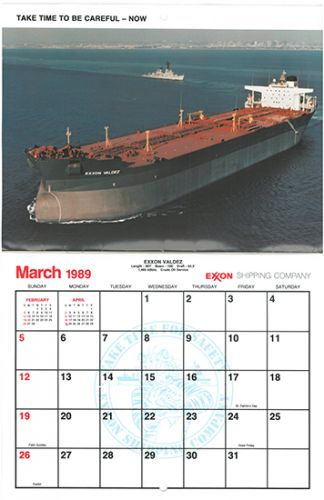 Calendar for March 1989 with image of Exxon Valdez ship.