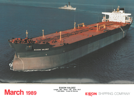 In an ironic twist of fate, the Exxon Shipping Company's safety calendar featured the T/V Exxon Valdez in March 1989. Image: From the collection of Gary Shigenaka. March 1989 calendar image of Exxon Valdez ship.