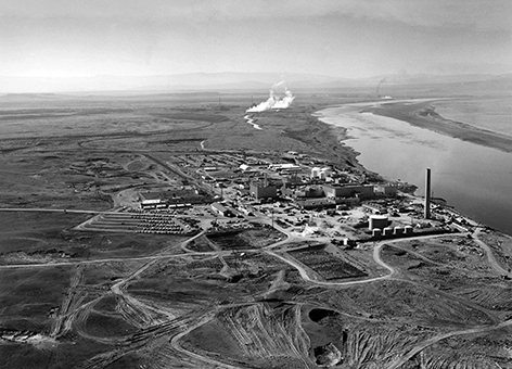 Nuclear reactors line the riverbank at the Hanford Site along the Columbia River