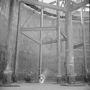 One of the older waste storage tanks under construction at the Hanford Site