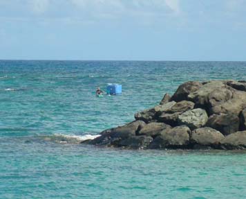 Towing in the 4-by-4-foot plastic seafood storage bin off Oahu.