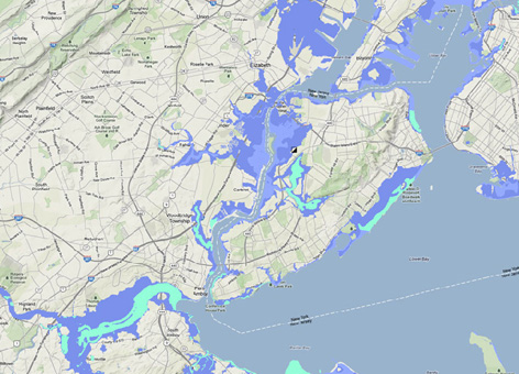 Map view of potential storm surge from nor'easter over Hurricane Sandy's actual.