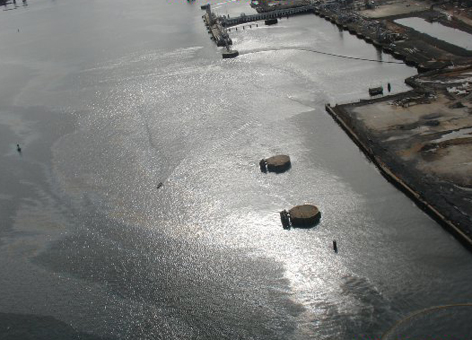 Oil sheen visible on the waters of Arthur Kill after Hurricane Sandy.