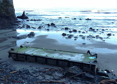 The steel, concrete, and foam Japanese dock beached at Olympic National Park.